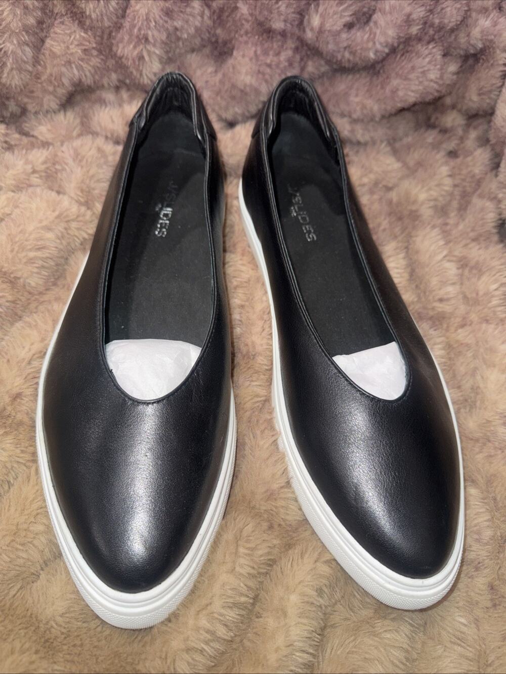 New J/Slides NYC black and white leather loafers, Slide On Shoes , size 11M